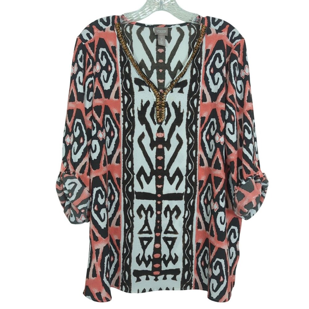 Chico's size‎ 2 / L brown coral geometric Tunic long sleeve tab sleeve V neck